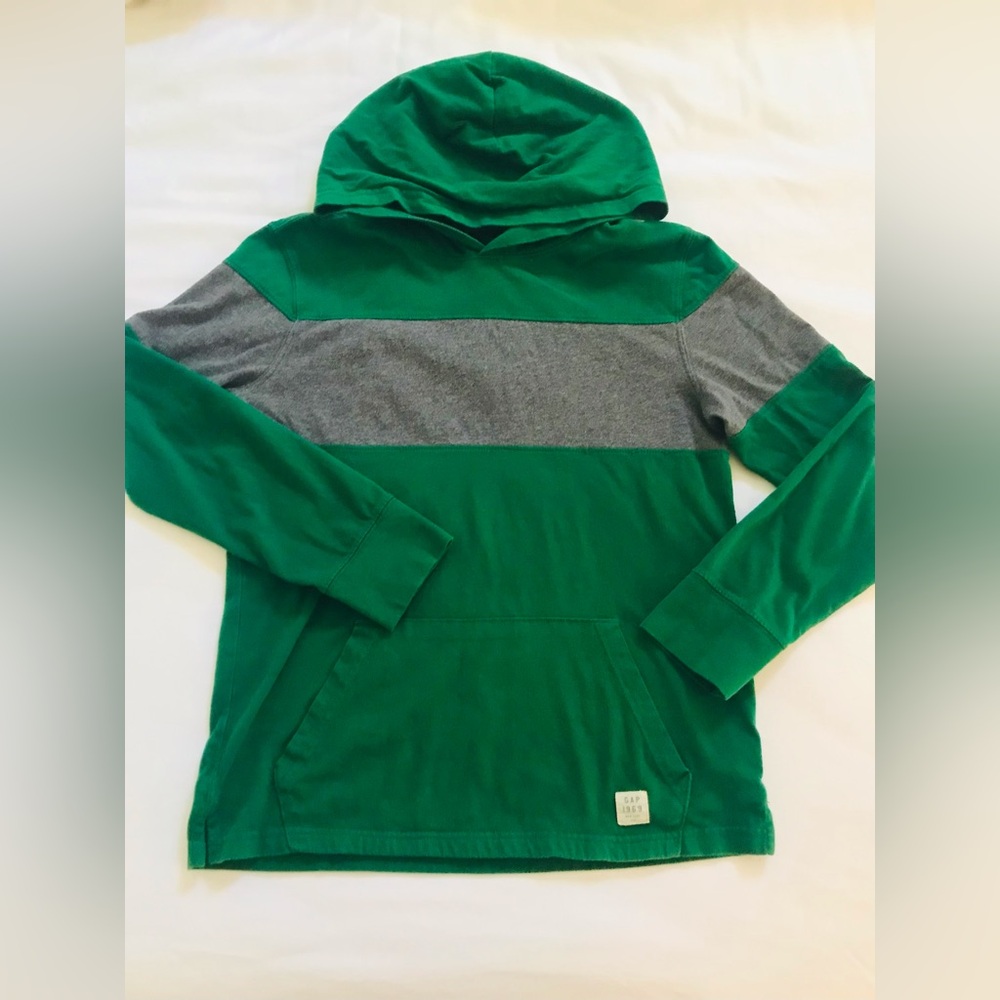 GAP 1969 Green / Gray Stripe Hooded Kid’s Long Sleeve T-Shirt 14/16 Vintage EUC